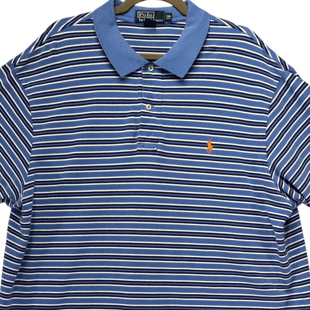 Vintage Polo Ralph Lauren Polo Shirt Mens 2XB Blue Striped Cotton Preppy Classic